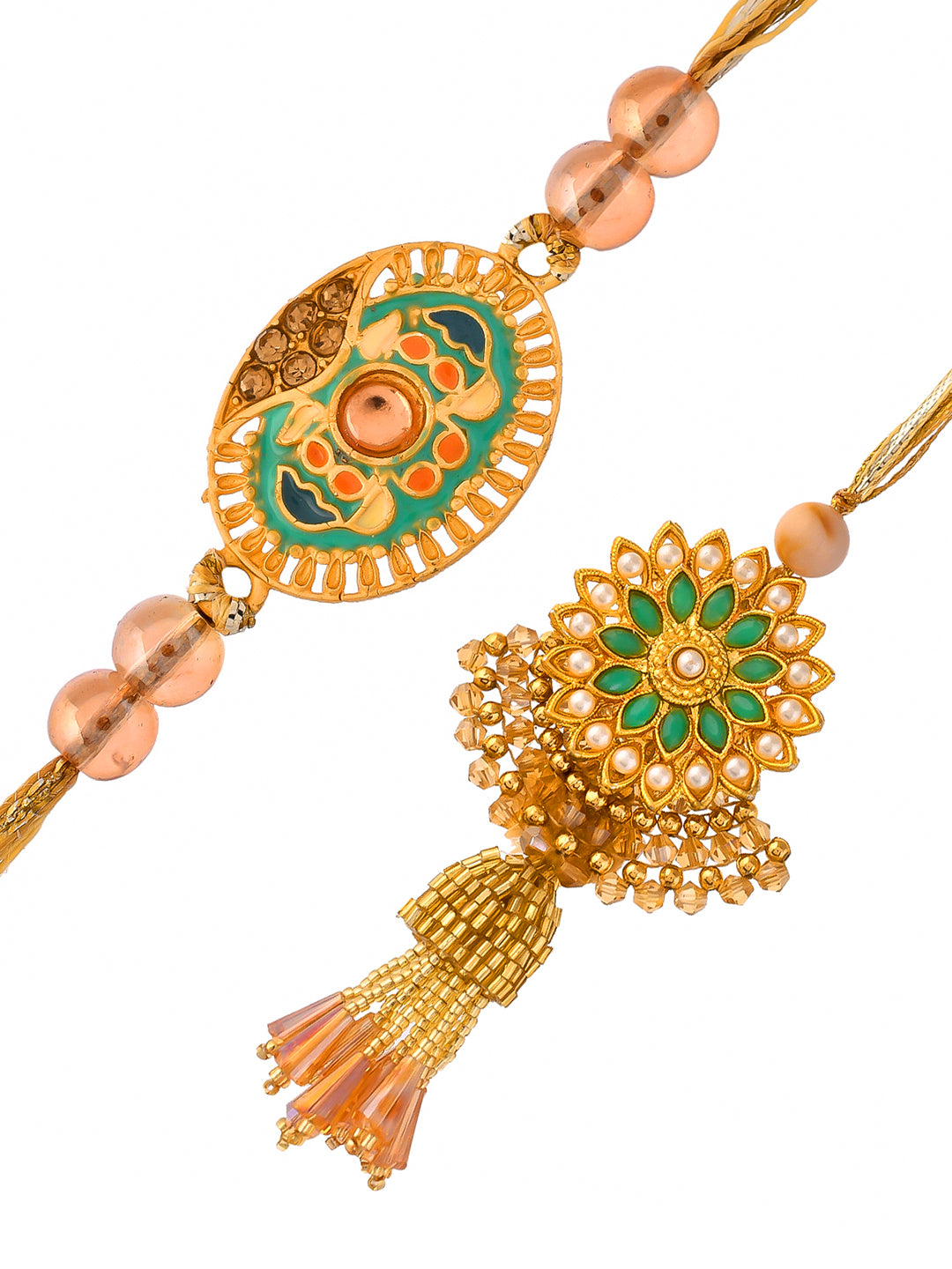 Elegant Pearls & Tubes Crafted Dazzling Bhaiya Bhabhi Rakhi Set