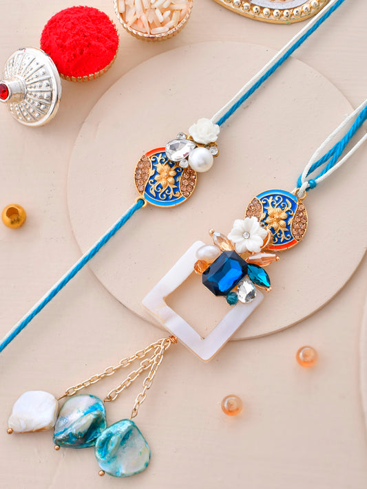 White and Blue Acryclic Based Stone Embellished Bhaiya Bhabhi Rakhi Set