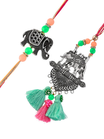 Silver Oxidised Elephant Resham Bhaiya Bhabhi Rakhi Set