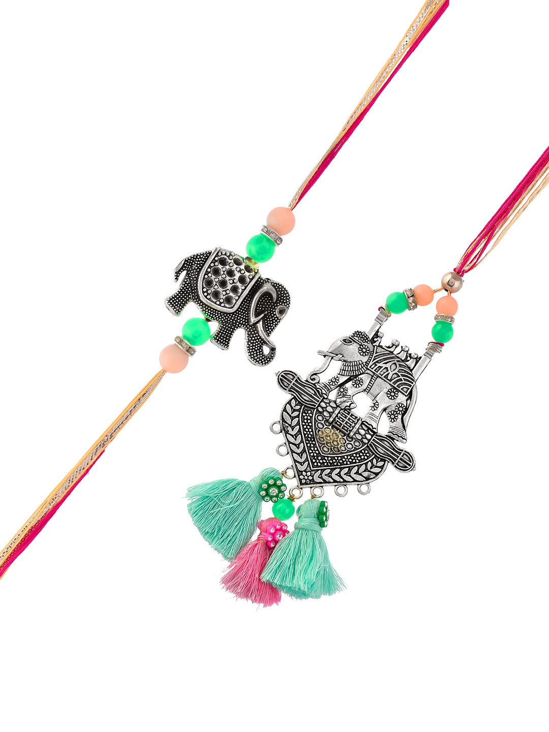 Silver Oxidised Elephant Resham Bhaiya Bhabhi Rakhi Set