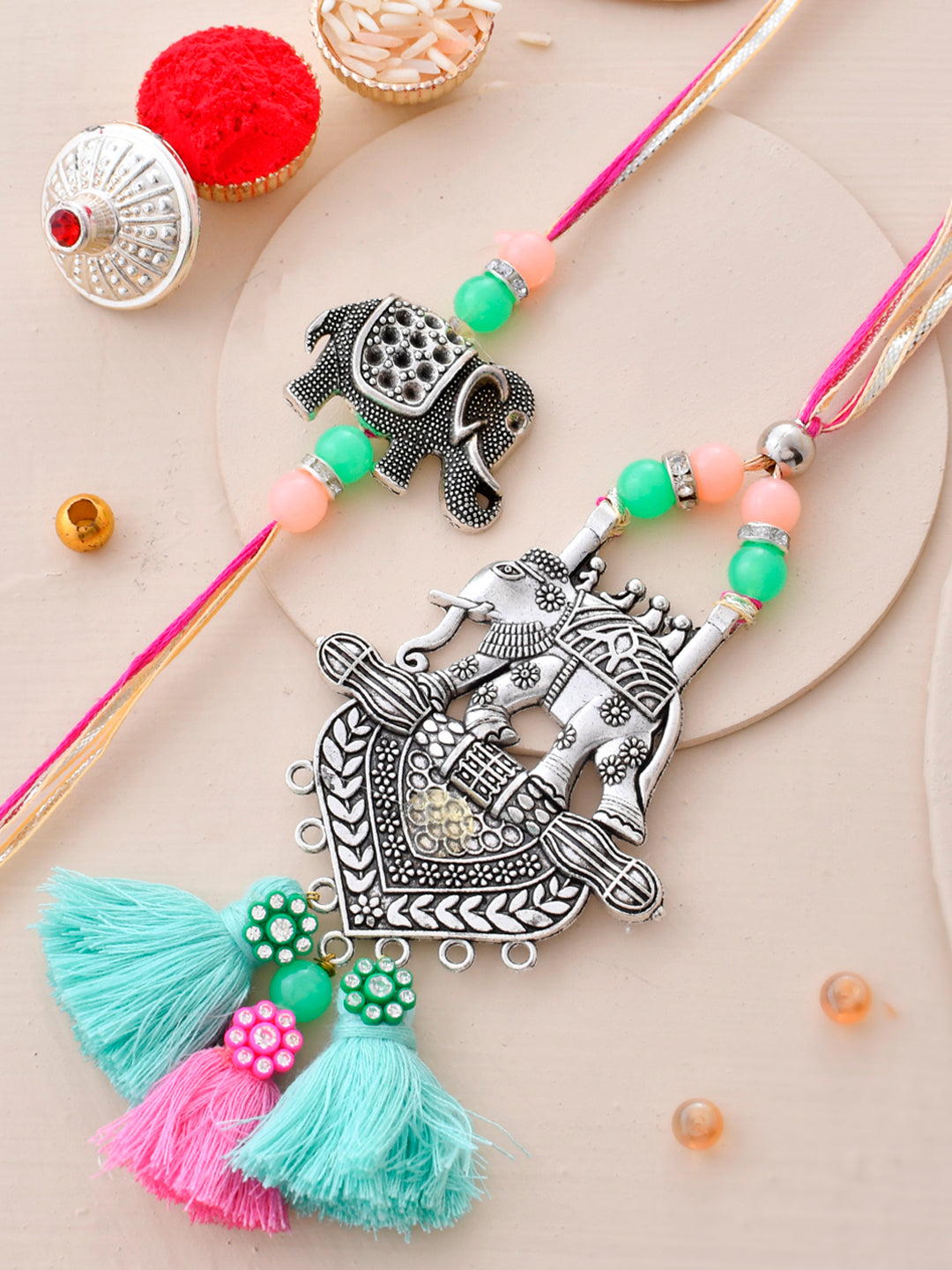 Silver Oxidised Elephant Resham Bhaiya Bhabhi Rakhi Set