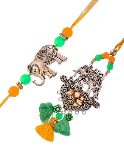 Silver Oxidised Elephant Resham Bhaiya Bhabhi Rakhi Set