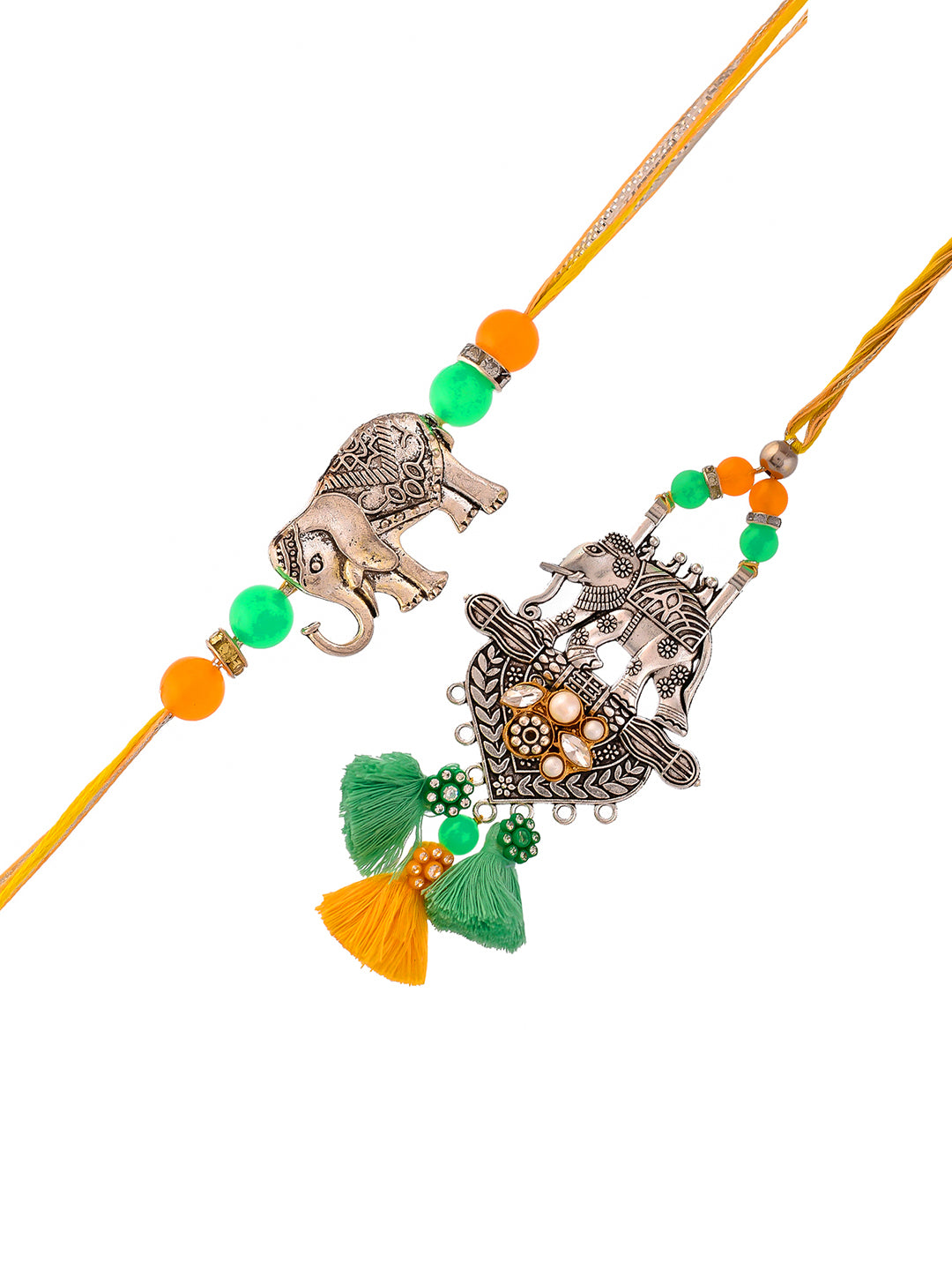 Silver Oxidised Elephant Resham Bhaiya Bhabhi Rakhi Set