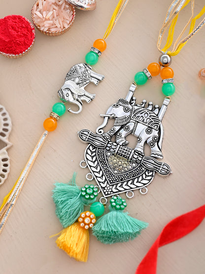 Silver Oxidised Elephant Resham Bhaiya Bhabhi Rakhi Set