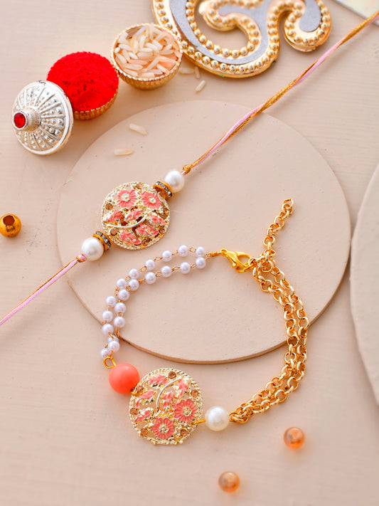 Pearl Adorned Metallic Carved Elegant Pink Bhaiya Bhaiya Rakhi Set