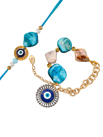 Blue Stones and Evil Eye Bracelet with Bhaiya Bhaiya Rakhi Set
