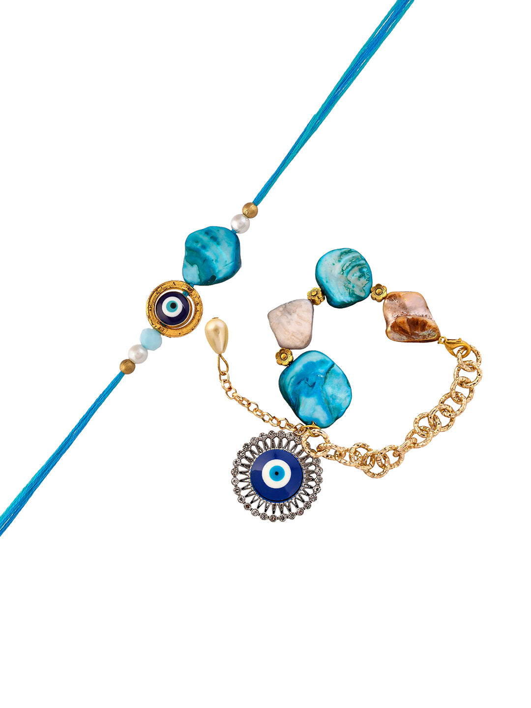 Blue Stones and Evil Eye Bracelet with Bhaiya Bhaiya Rakhi Set