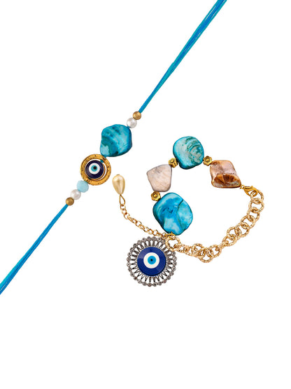 Blue Stones and Evil Eye Bracelet with Bhaiya Bhaiya Rakhi Set