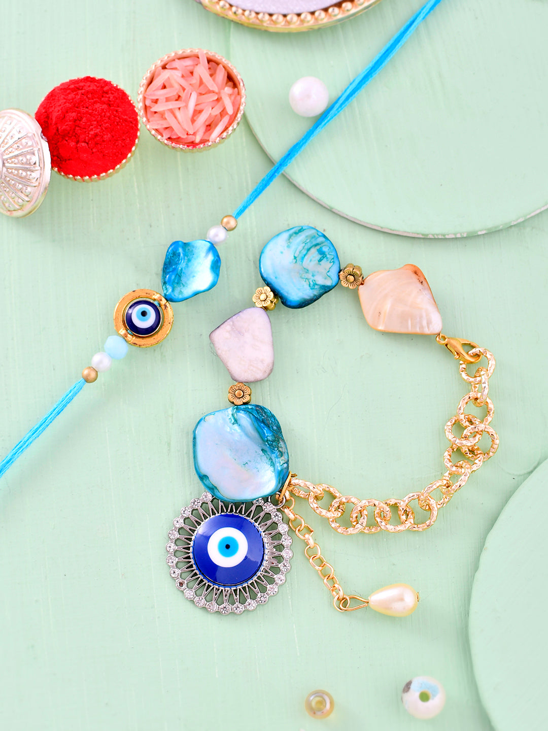 Blue Stones and Evil Eye Bracelet with Bhaiya Bhaiya Rakhi Set