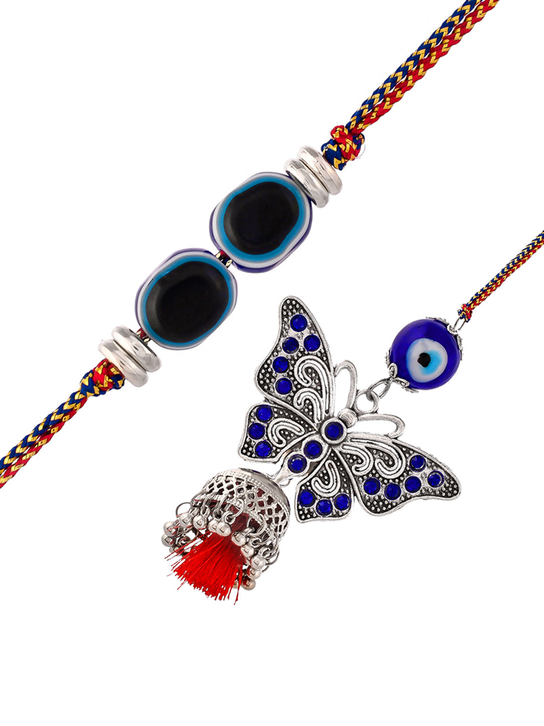 Oxidised Silver Carved Evil Eye Buteerfly Patterned Bhaiya Bhabhi Rakhi Set