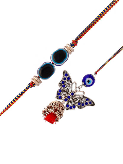 Oxidised Silver Carved Evil Eye Buteerfly Patterned Bhaiya Bhabhi Rakhi Set