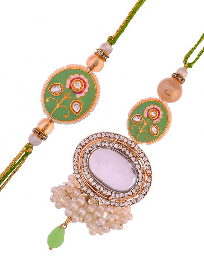 Elegant Pastel Green Beads & Pearl Crafted Lumba With Bhaiya Bhabhi Rakhi Set