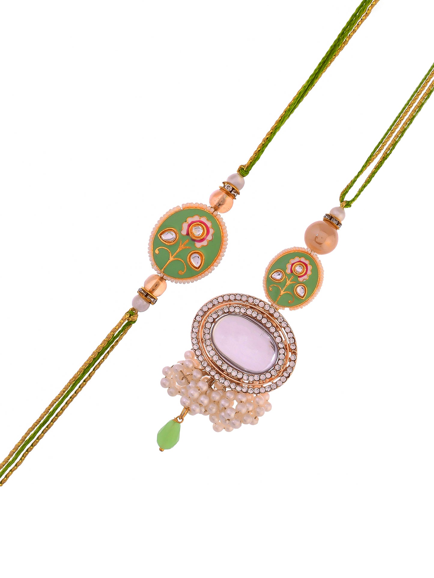 Elegant Pastel Green Beads & Pearl Crafted Lumba With Bhaiya Bhabhi Rakhi Set