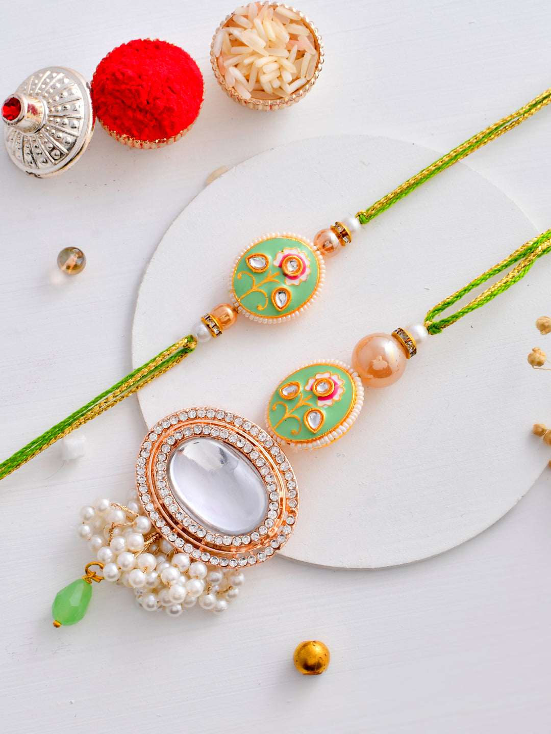 Elegant Pastel Green Beads & Pearl Crafted Lumba With Bhaiya Bhabhi Rakhi Set