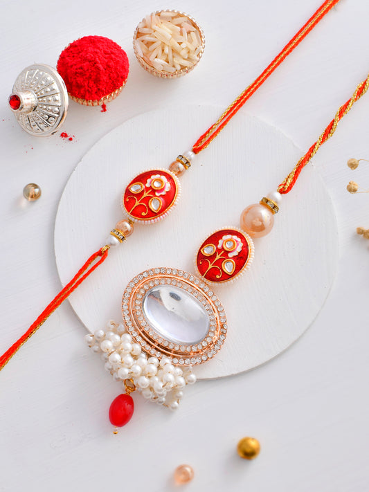 Elegant Red Beads & Pearl Crafted Lumba With Bhaiya Bhabhi Rakhi Set