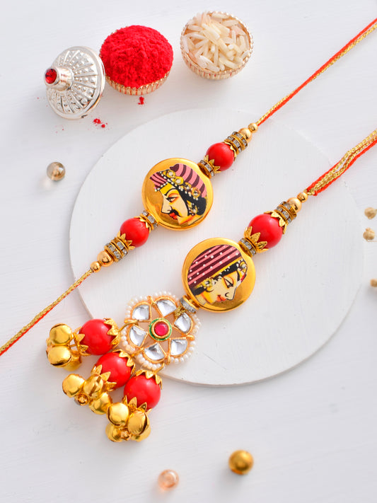 Couple Potrait Painted Kundan Crafted Bhaiya Bhabhi Rakhi Set