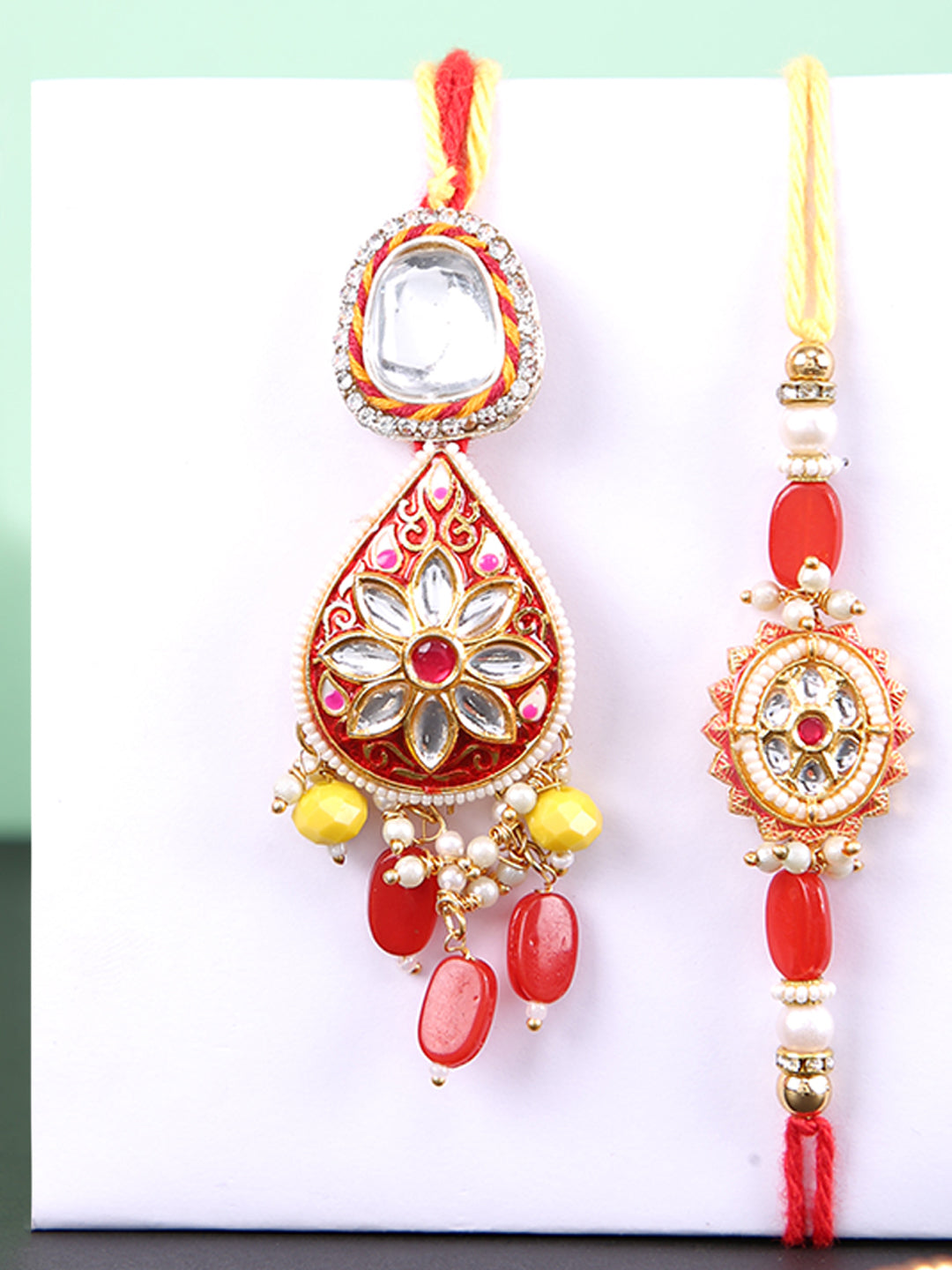 Kundan Work Red Enameled Bhaiya Bhabhi Rakhi