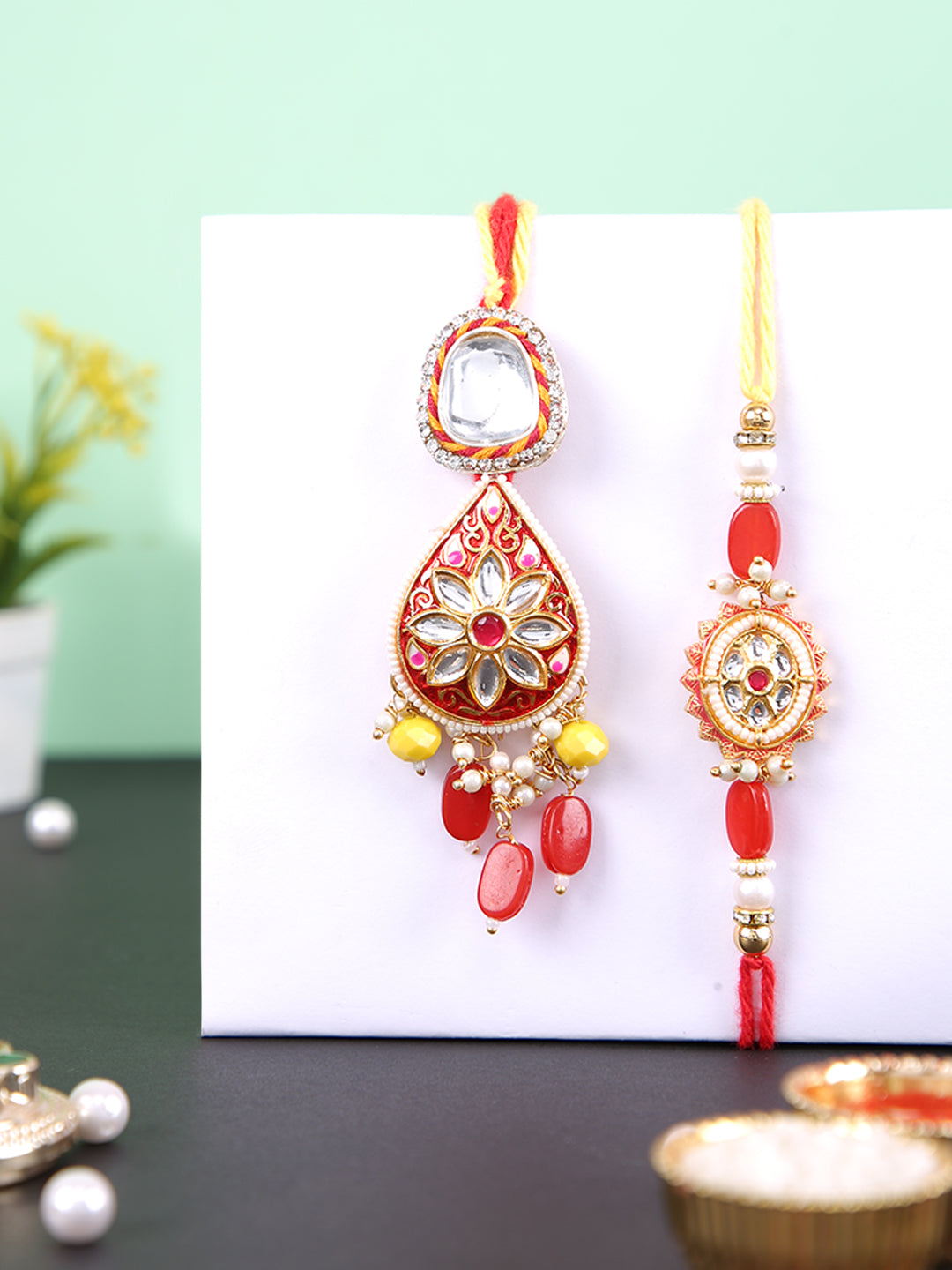 Kundan Work Red Enameled Bhaiya Bhabhi Rakhi