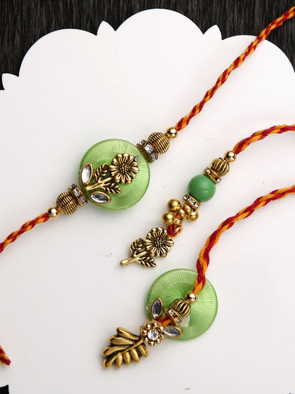 Vintage Green Floral Bhaiya Bhabhi Rakhi Set