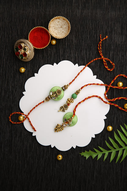 Vintage Green Floral Bhaiya Bhabhi Rakhi Set