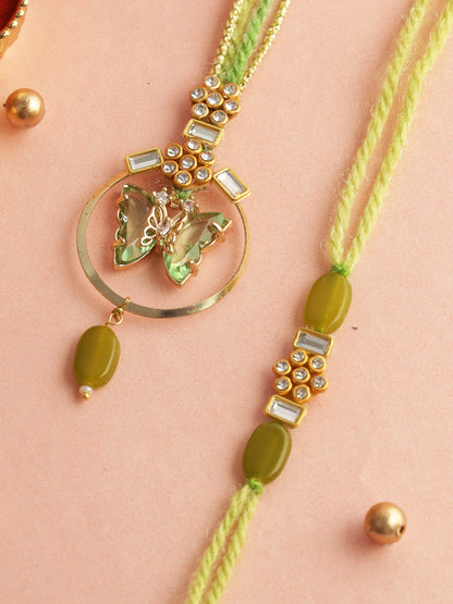 Golden Green Butterfly Bhaiya Bhabhi Rakhi Set