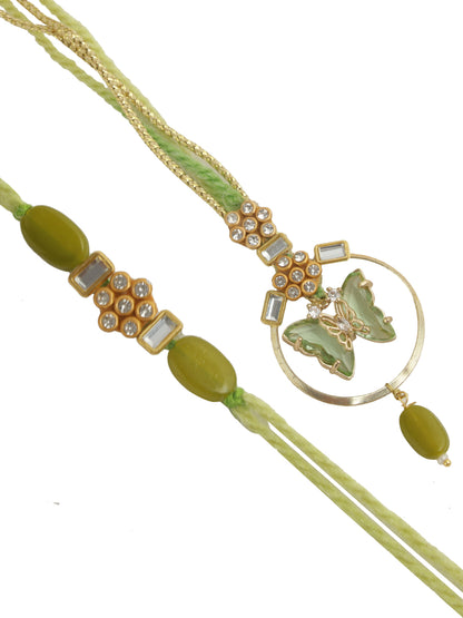 Golden Green Butterfly Bhaiya Bhabhi Rakhi Set