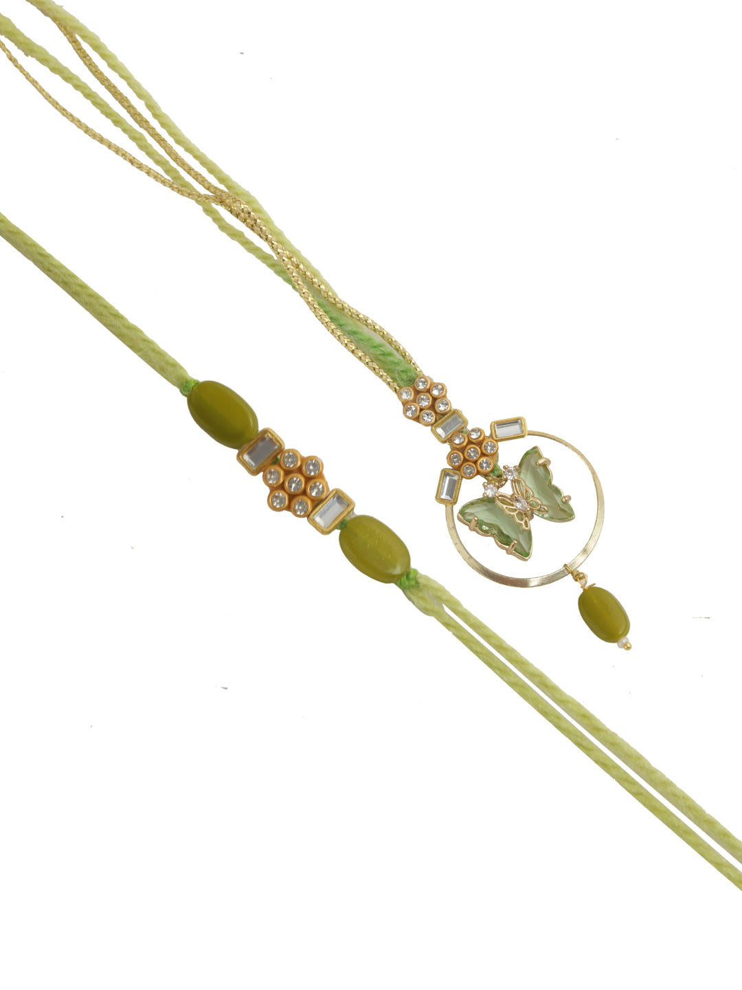 Golden Green Butterfly Bhaiya Bhabhi Rakhi Set