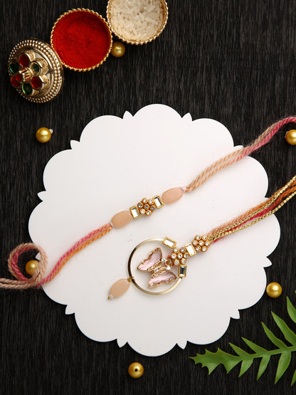 Golden Pink Butterfly Bhaiya Bhabhi Rakhi Set