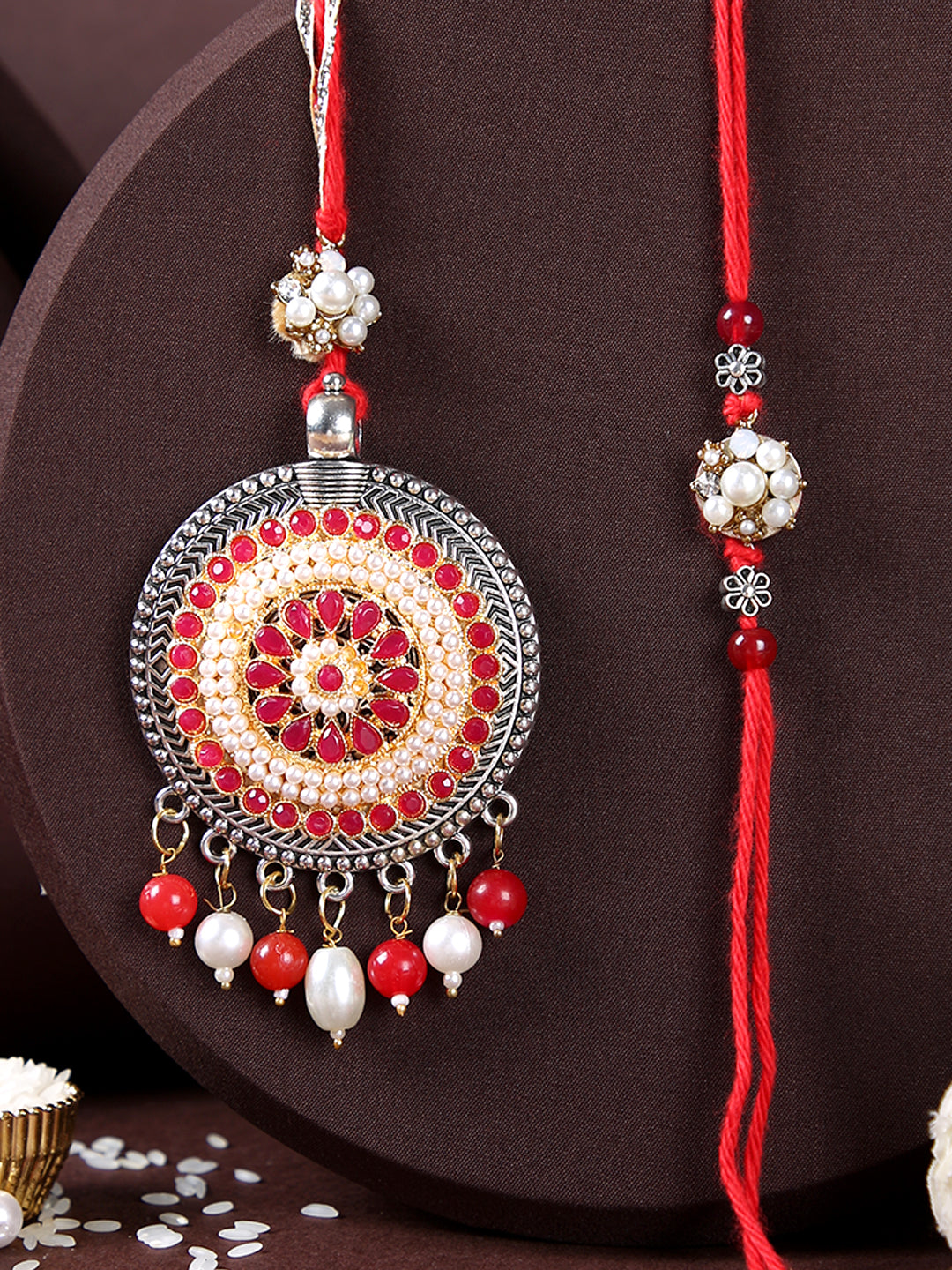 Charming Floral Red & Cream Stone Work Bhaiya Bhabhi Rakhi