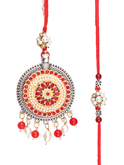 Charming Floral Red & Cream Stone Work Bhaiya Bhabhi Rakhi