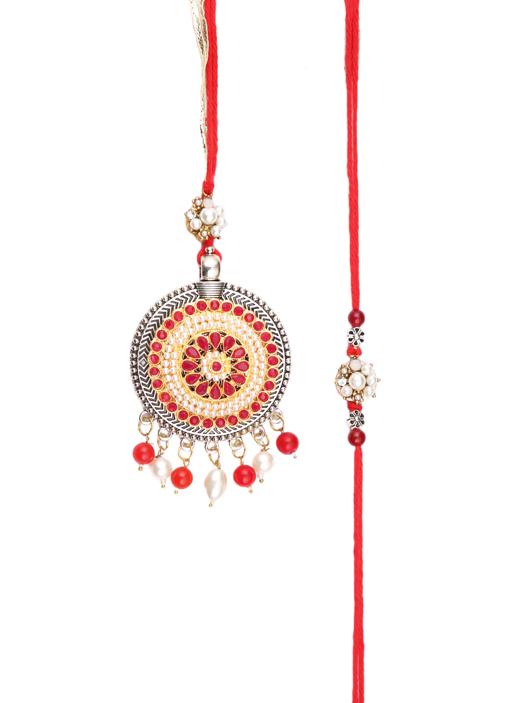 Charming Floral Red & Cream Stone Work Bhaiya Bhabhi Rakhi