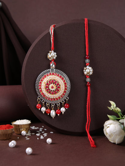 Charming Floral Red & Cream Stone Work Bhaiya Bhabhi Rakhi