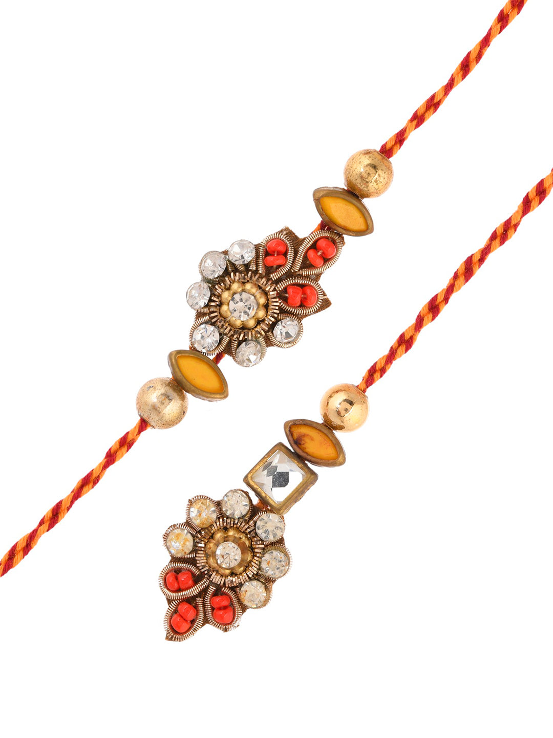 White Kundan Floral Red & Yellow Bhaiya Bhabhi Rakhi