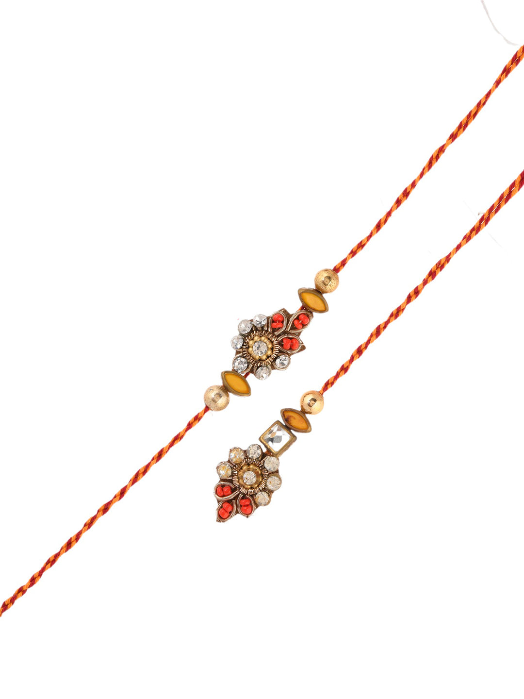 White Kundan Floral Red & Yellow Bhaiya Bhabhi Rakhi
