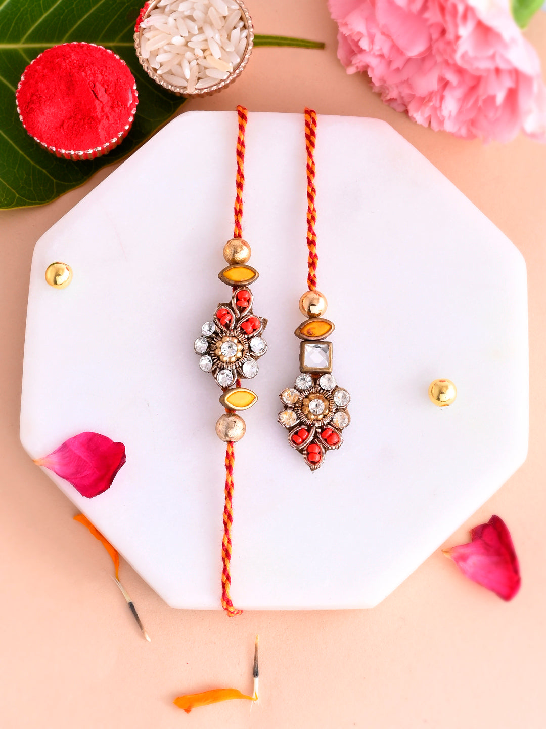 White Kundan Floral Red & Yellow Bhaiya Bhabhi Rakhi