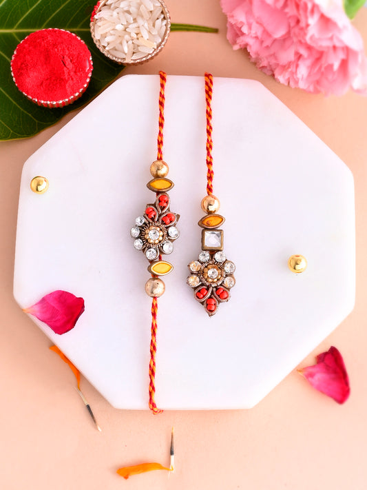 White Kundan Floral Red & Yellow Bhaiya Bhabhi Rakhi