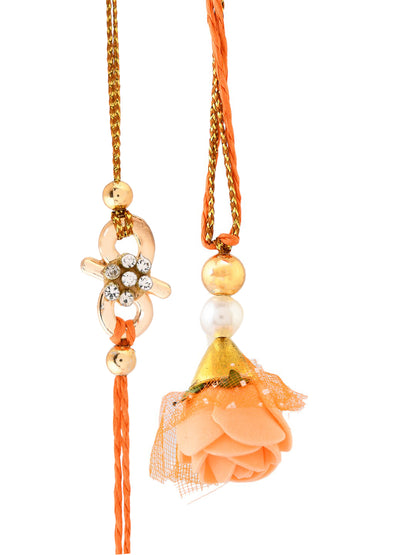 Orange Thread Rakhi with Floral Stone Work Bhaiya Bhabhi Set