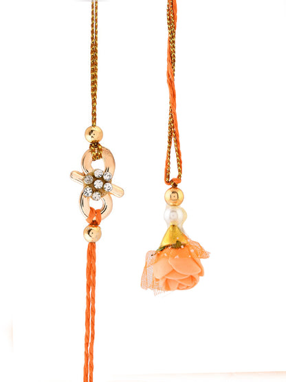 Orange Thread Rakhi with Floral Stone Work Bhaiya Bhabhi Set