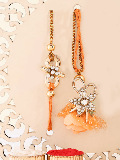 Orange Thread Rakhi with Floral Stone Work Bhaiya Bhabhi Set