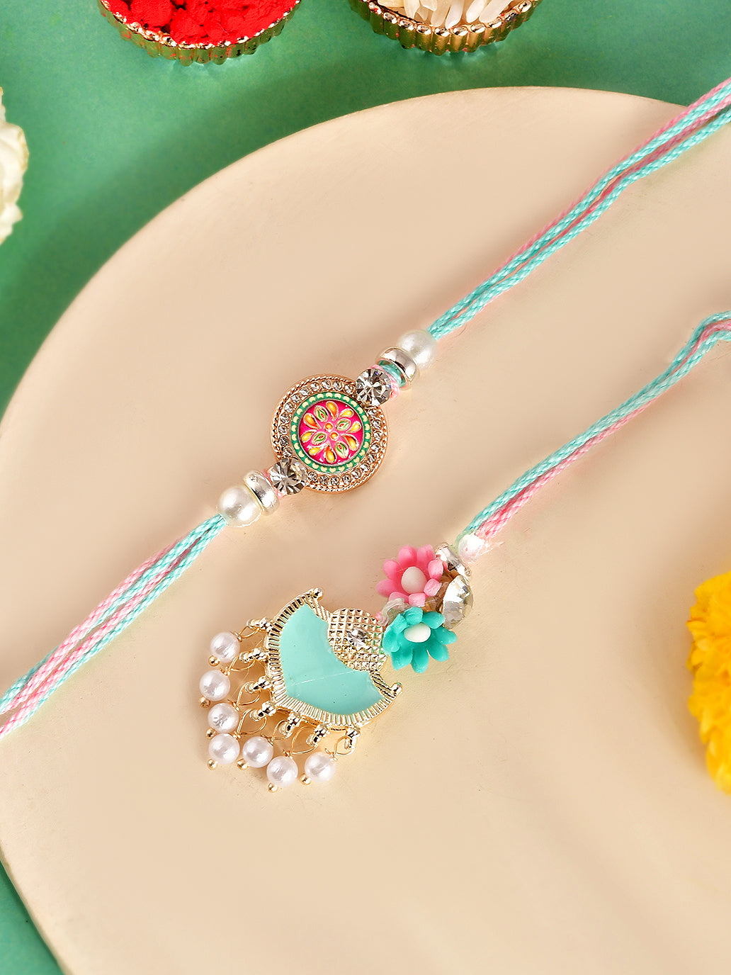 Handcrafted Pastel Love and Bloom Rakhi Pair for Bhaiya and Bhabhi with Box
