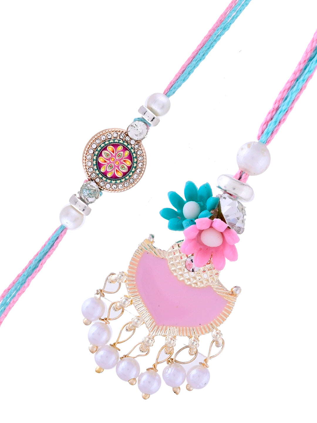 Elegant Pink Charm with Floral Delight Rakhi Pair with Box