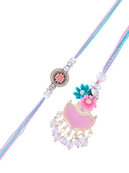 Elegant Pink Charm with Floral Delight Rakhi Pair with Box