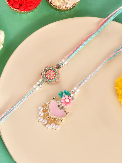 Elegant Pink Charm with Floral Delight Rakhi Pair with Box