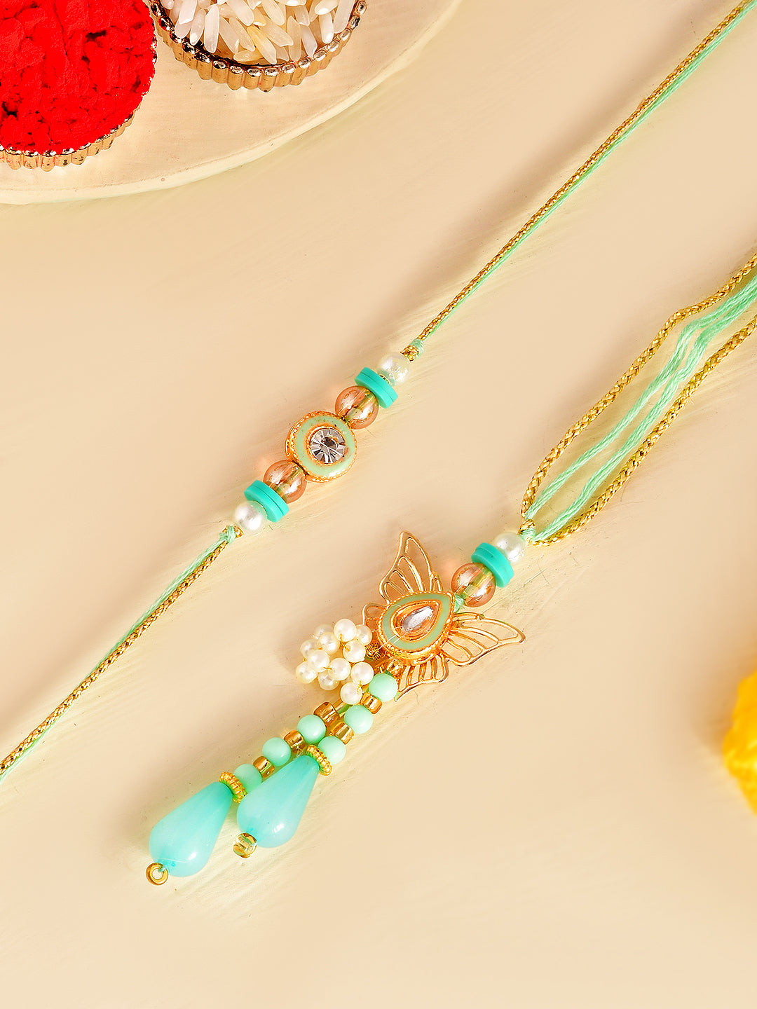 Mint Meenakari Inspired Bhaiya Bhabhi Rakhi Set with Box