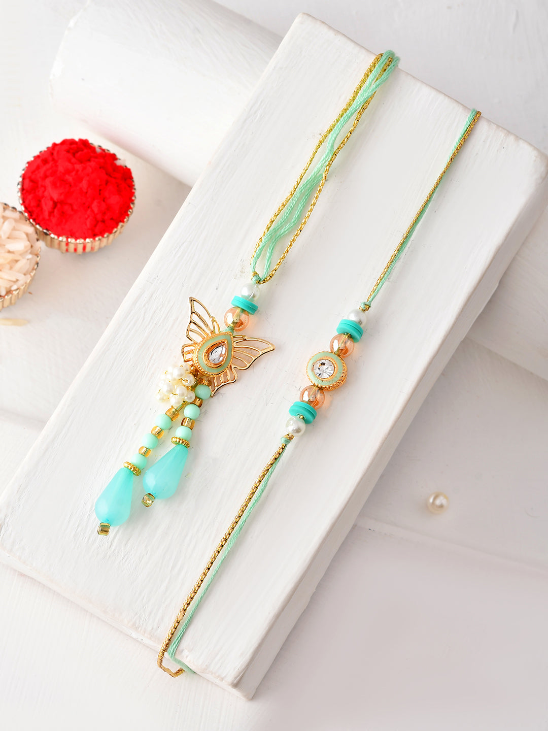 Mint Meenakari Inspired Bhaiya Bhabhi Rakhi Set with Box