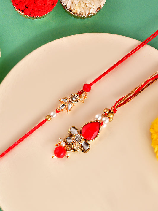 Zardosi Red Kundan Bhaiya Bhabhi Rakhi Set