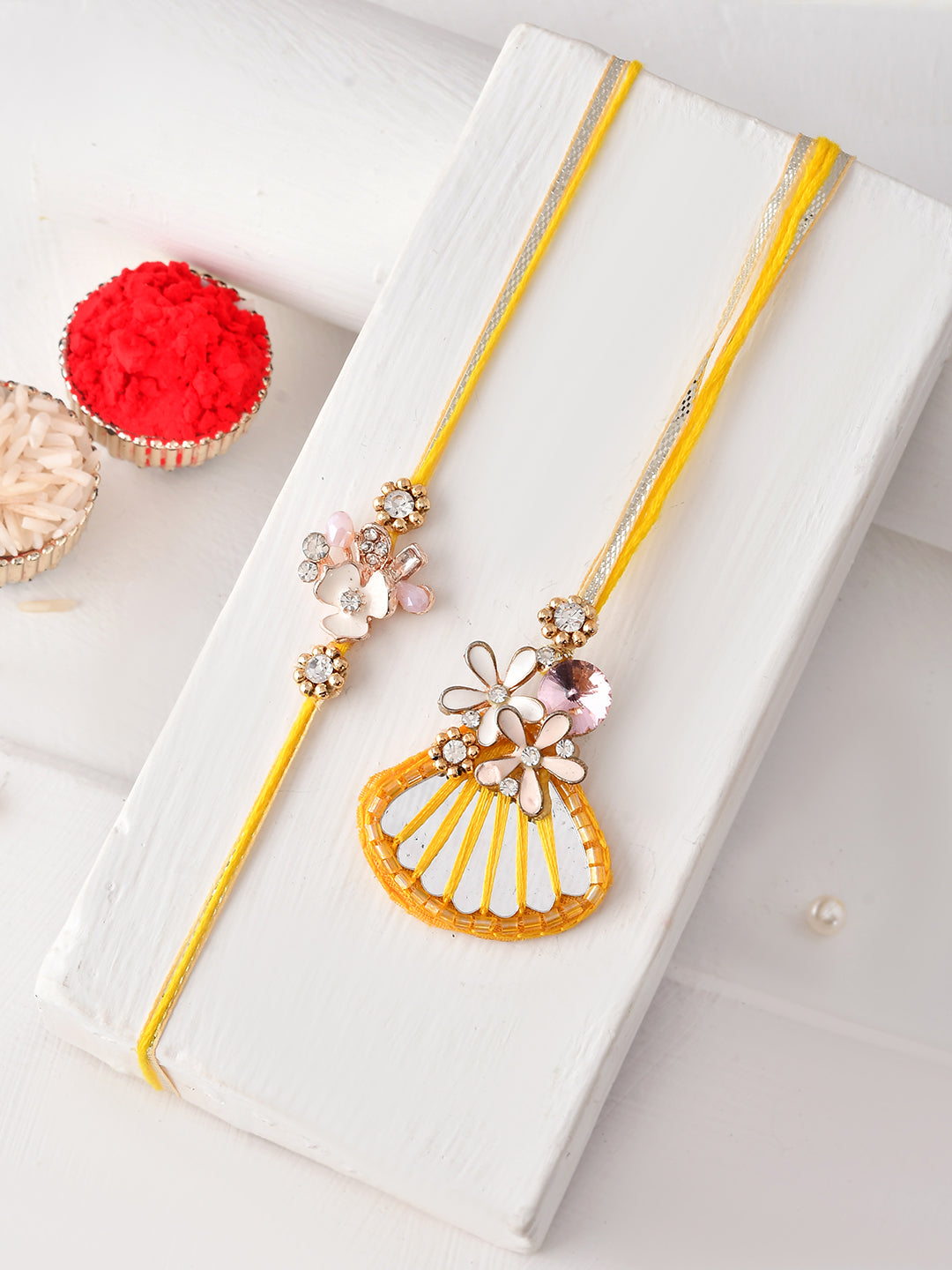 Handcrafted Festive Yellow Floral Mirror Rakhi Duo