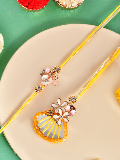 Handcrafted Festive Yellow Floral Mirror Rakhi Duo