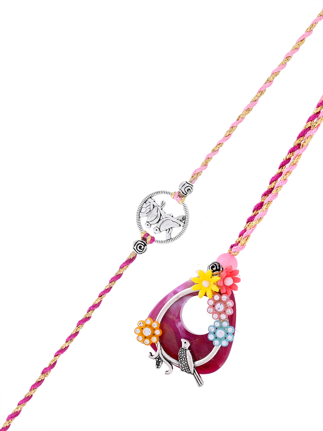 Handpicked Silver Charm and Red Floral Bhaiya Bhabhi Rakhi Set