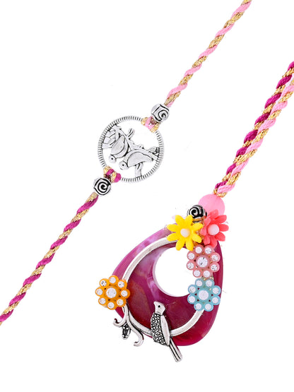 Handpicked Silver Charm and Red Floral Bhaiya Bhabhi Rakhi Set